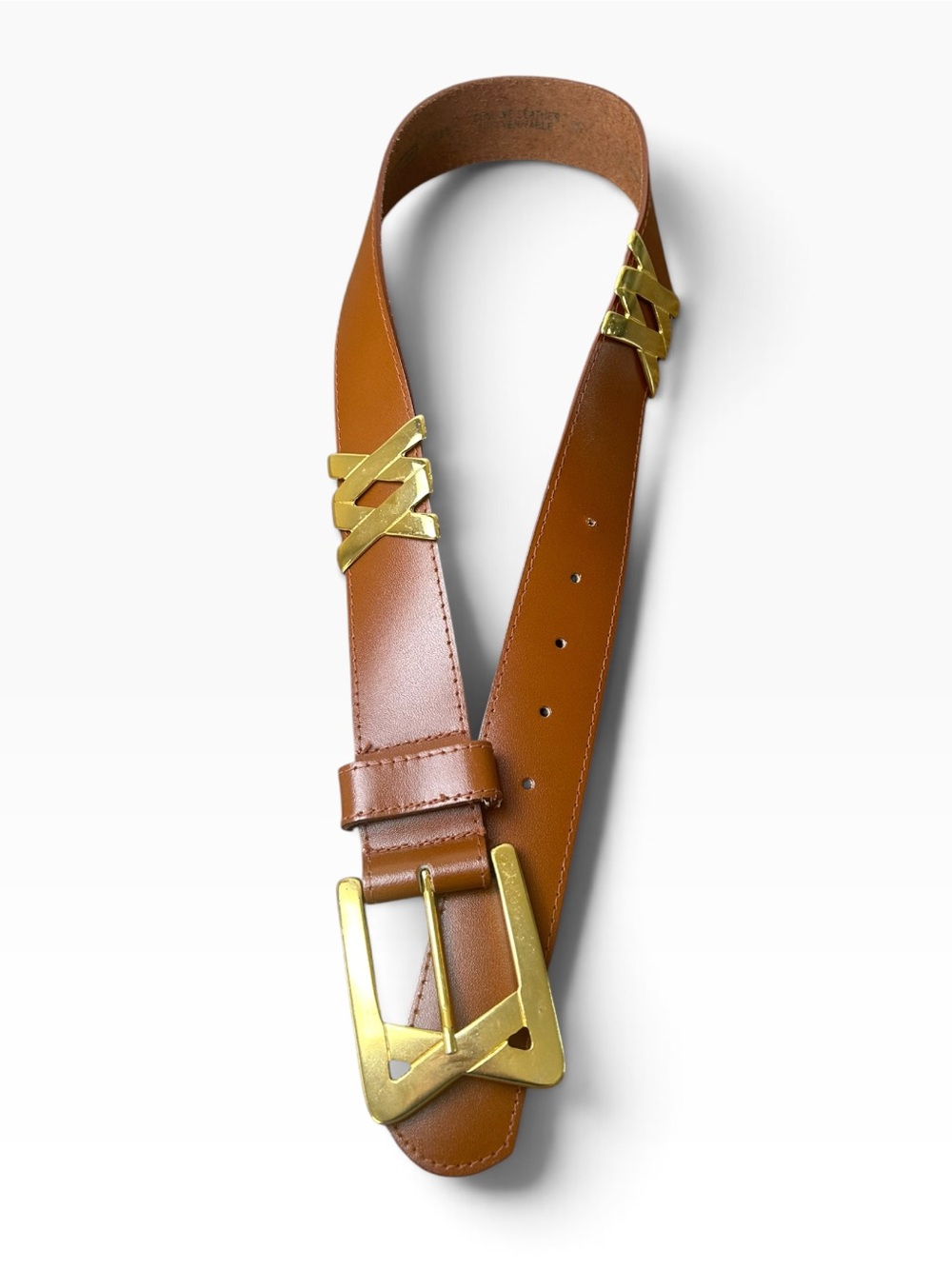 Genuine Leather Cognac Belt S/P Gold Tone X Link Statement Buckle